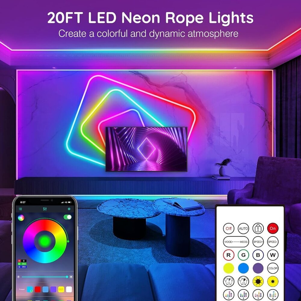 20Ft Neon Rope Lights,Flexible Led Rope Lights Control with App/Remote,Multiple - Picture 2 of 7